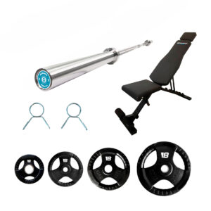 Pack accesorios para Rack (Barra Olímpica || Discos de asa || Pinzas de sujeción || Banco)