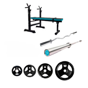 Pack Banco de pesas Press Bench + Barra Olímpica + Barra Z + Pack de discos
