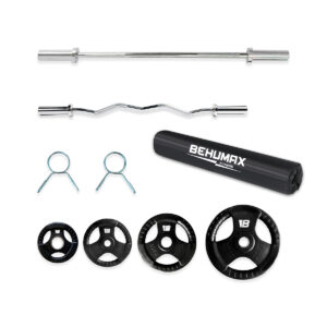 Pack de musculación con barra olímpica, barra Z, discos con asa, protector de barra y pinzas