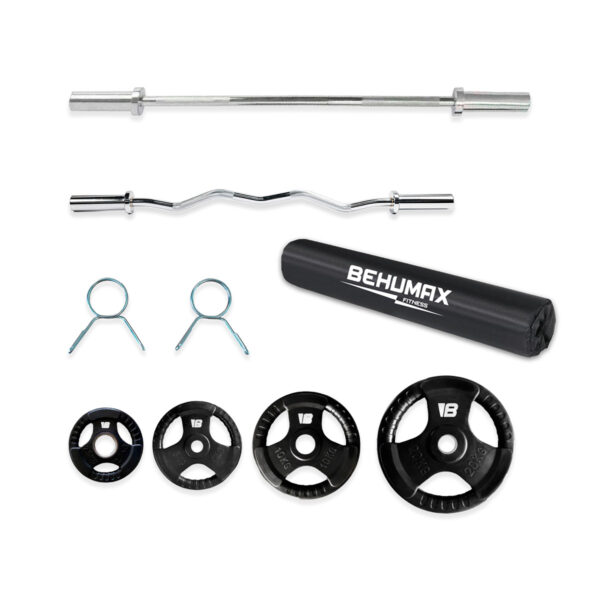 Pack de musculación con barra olímpica, barra Z, discos con asa, protector de barra y pinzas