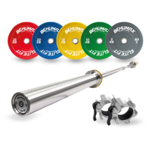 Pack Barra Olímpica 20 kg + Discos Bumper + Cierres Cliplock Silver