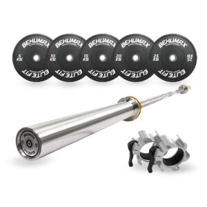 Pack Barra Olímpica 20 kg + Discos Bumper Classic + Cierres Cliplock Silver