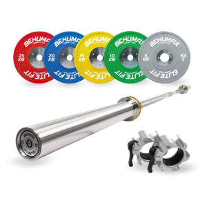 Pack Barra Olímpica 20 kg + Discos Competition + Cierres Cliplock Silver