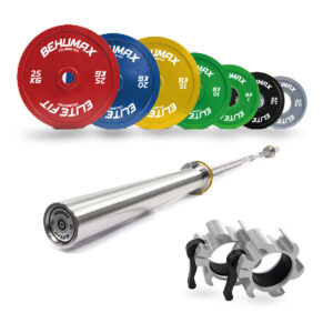 Pack Barra Olímpica 20 kg + Discos Calibrated + Cierres Cliplock Silver