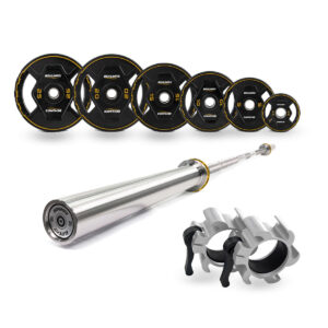 Pack Barra Olímpica 20 kg + Discos Uretano Energy + Cierres Cliplock Silver